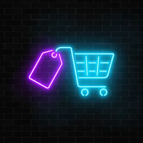 Neon supermarket sale sign with shopping cart Vector Image Dark Brick Wall, Supermarket Design Interior, Logo Online Shop, Baby Cartoon Drawing, Neon Box, Neon Sign Art, Store Basket, Led Projects, Sale Sign