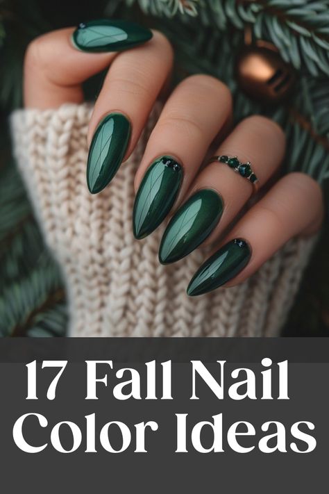 Hand with dark green nails and a knitted sweater, showcasing fall nail color ideas. Fall Nails Mixed Colors, Fall Polish Colors 2024, Fall Nail Colors Burnt Orange, Nail Inspiration Color, Matt And Chrome Nails, Call Nails 2024, Fall Color Manicure, New Mom Nail Ideas, Autumn Ombré Nails