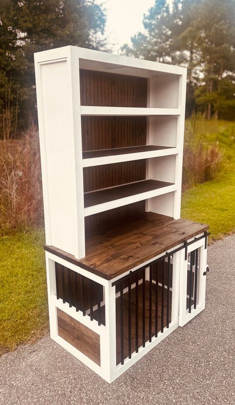 Dog Kennel Hutch Shelving FREE SHIPPING Buffet Table Crate Furniture Rustic Indoor Dog House - Etsy Dog Kennel In Kitchen, Build Table Over Dog Crate, Two Dog Crate Ideas, Kennel Table Diy, Wood Dog Kennel Diy, Xl Dog Crate Furniture Diy, Corner Dog Crate Diy, Dog Kennel Cabinet, Mud Room With Dog Kennel