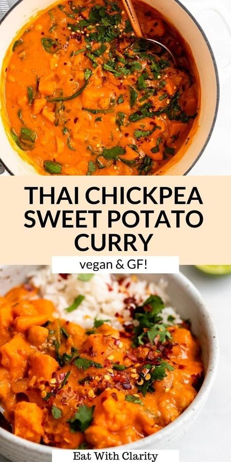 Sweet Potato Curry Vegan, Potato Chickpea Curry, Baked Chickpea, Vegan Curries, Sweet Potato Coconut Curry, Chickpea Sweet Potato, Sweet Potato Chickpea Curry, Peanut Butter Curry, Chickpea And Potato Curry