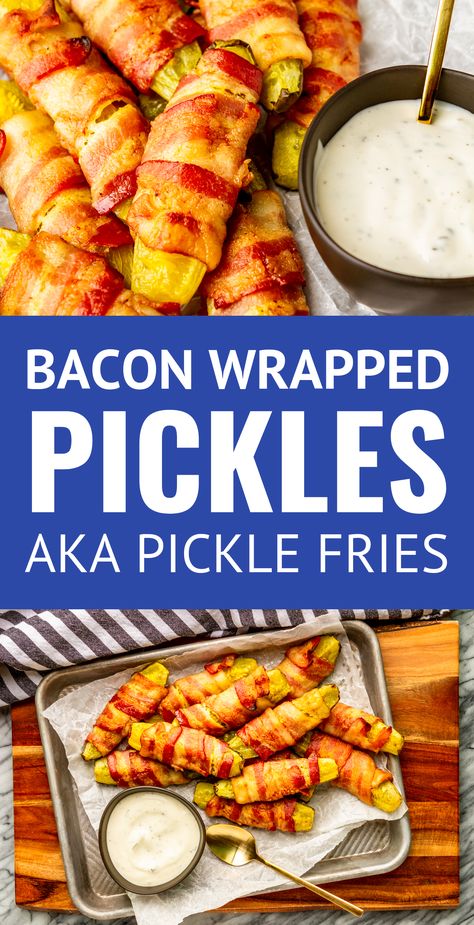 Bacon Wrapped Pickles -- These oven baked bacon wrapped pickle spears (aka pickle fries) are the perfect double-duty, easy appetizer for any gathering... Keto-friendly for your low carb guests, but still tasty enough to appeal to everyone else, and just 2 ingredients! | pickles wrapped in bacon | pickle fries recipe | bacon wrapped pickles recipe #baconwrapped #pickles #easyapps #easyrecipe #appetizers #appetizerseasy #appetizerideas Pickles Wrapped In Bacon, Pickle Fries, Bacon Wrapped Pickles, Wrapped Pickles, Pickle Spears, Dips Recipes, Pickles Recipe, Friends Recipes, Creamy Ranch