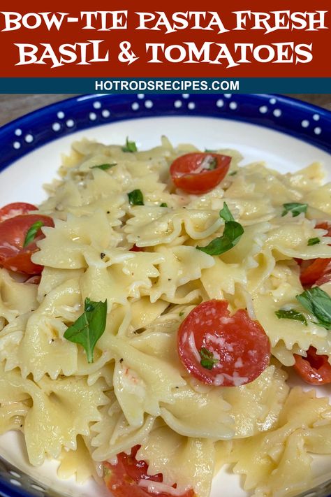 This Bow-Tie Pasta with Fresh Basil & Tomatoes recipe is so easy to make it's not even funny. A delicious bow-tie pasta dish. #bowtiepasta #freshbasil #parmesancheese #cherrytomatoes #hotrodsrecipes Chicken Bow Tie Pasta Recipes, Pesto Pasta Salad Recipes, Bow Tie Pasta Recipes, Noddle Recipes, Bow Tie Pasta Salad, Bow Tie Noodles, Bow Tie Pasta Recipe, Pasta Salad For Kids, Bowtie Pasta Salad