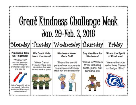 Kindness Week Ideas, Pbis Incentives, Spirit Day Ideas, Kindness Lessons, Dress Up Days, Kindness For Kids, Kindness Week, School Spirit Week, School Spirit Days