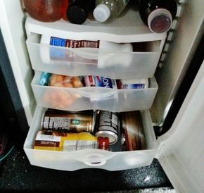 GREAT Fridge IDEA for TRUCKERS: Easy storage idea for your little fridge! Semi Truck Organization, Semi Truck Organization Ideas, Semi Ideas, Truckers Girlfriend, Semi Trucks Interior, Trucker Wife, Truck Driver Wife, Truck Organization, Truck Living