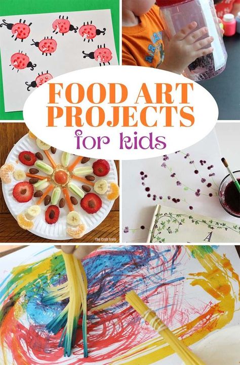 Paint, stamp, and create with your food! Fun art projects for kids that use food as a medium, inspired by Cloudy with a Chance of Meatballs. Kids craft and activity ideas Food Art Projects For Kids, Food Art Projects, Food Crafts For Kids, Fun Art Projects For Kids, Healthy Food Art, Preschool Food, Fun Art Projects, Cute Art Projects, Cooking Theme