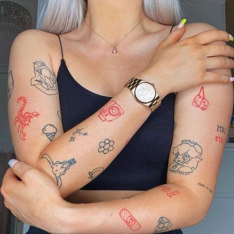 Discover Your Perfect Tattoo on Instagram: “#patchwork tattoos on @jasminexmitchelll 🖤💥” Red Tattoo Patchwork, Line Art Patchwork Tattoo, Patchwork Tattoo Inspo Women, Red Ink Patchwork Tattoo, Red And Black Ink Tattoo Ideas, Red And Black Tattoo Patchwork, Cute Patchwork Tattoos Women, Black And Red Patchwork Tattoo Sleeve, All Red Tattoo Sleeve