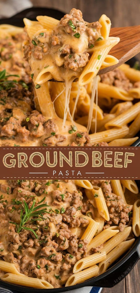 This Ground Beef Pasta is the perfect weeknight meal—simple, hearty, and packed with flavor. Tender pasta combined with savory ground beef in a rich sauce! Ground Beef Sauce Pasta, Baked Ground Beef Pasta, Hamburger Dinners Ground Beef, Hamburger Rigatoni Recipes, Ground Beef Mushroom Pasta, Noodles With Ground Beef Recipes, Dishes To Make With Ground Beef, Rotini And Ground Beef Recipes, Pasta Dinner Recipes Beef