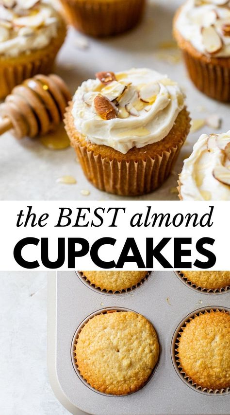 Almond Cupcakes are the dessert you never knew you needed! Made with almond extract then topped with a honey-mascarpone icing, they're delightfully sweet, easy to make and SO tasty! Mascarpone Icing, Honey Mascarpone, Vegan Vanilla Cake, Almond Cupcakes, Almond Muffins, Sweet Easy, Easy Cupcake Recipes, Almond Extract, Cookie Cake Recipe