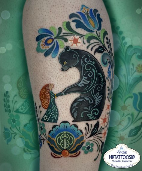 Matthew Robinson | Here was a fun folk art style Brave themed tattoo I was able to do for a client from out of state. Thank you for coming and getting… | Instagram Brave Disney Tattoo, Disney Brave Tattoo, Brave Tattoo Disney, Folk Art Tattoos, Folk Tattoos, Folk Art Tattoo, Brave Tattoo, Folk Tattoo, Oz Tattoo