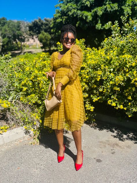 Church outfit mustard dress with red heels Mustard Heels Outfit, Red Heels Dress, Mustard Yellow Dresses, Mustard Dressing, Red Heels, Church Outfits, Mustard Yellow, Yellow Dress, Mustard