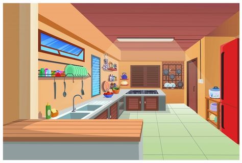 Cartoon image of the kitchen for cooking... | Premium Vector #Freepik #vector #kitchen-cartoon #cartoon-room #kitchen-room #kitchen Living Room Cartoon, Kitchen For Cooking, Kitchen Cartoon, Contemporary Kitchen Interior, Kitchen Background, Premium Vector Cartoon, Small Dining Area, Japanese Room, Cartoon House