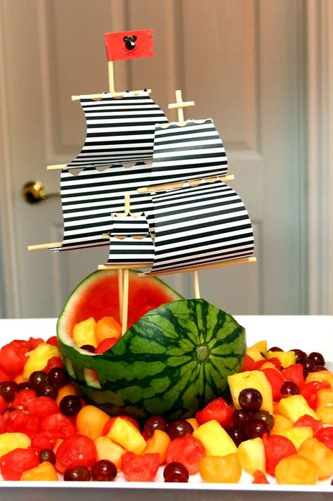 Mickey Mouse Pirate Birthday Party Ideas | Photo 17 of 27 | Catch My Party Mickey Mouse Pirate Birthday, Disney Themed Birthday Party, Watermelon Boat, Disney Themed Birthday, Bos Baby, Pirate Themed Birthday Party, Pirate Themed Birthday, Nautical Birthday Party, Bowl Ideas