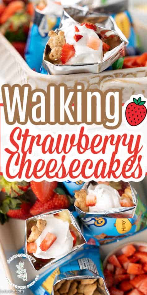 These are perfect walking desserts for a party or for a fun snack after school! Teddy Grahams, Cool Whip, strawberries, yum!! Walking Strawberry Cheesecake Dessert, Walking Cheesecake Dessert, Teddy Graham Recipes, Desserts For Camping Make Ahead, Easy Handheld Desserts, Teddy Graham Snack Ideas, Walking Dessert In A Bag, Walking Desserts, Desserts For A Party