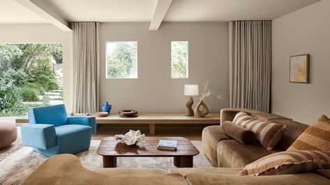 Dulux Reveals The Trending Colours Of 2024 Dulux Just Walnut Living Rooms, Popular Neutral Paint Colors, Walnut Living Room, Dulux Paint Colours, Ceiling Trim, Japandi Interiors, Pink Glass Vase, Dulux Paint, Color Forecasting