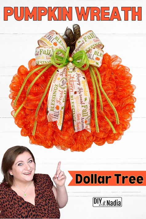 Dollar Tree Pumpkin Wreath DIY Tutorial | Deco Mesh Method Fall Mesh Wreaths Diy, Pumpkin Mesh Wreaths, Dollar Tree Pumpkin Wreath, Thanksgiving Mesh Wreath, Pumpkin Wreath Tutorial, Deco Mesh Pumpkin, Fall Wreath Tutorial, Pumpkin Wreath Diy, Mesh Christmas Tree