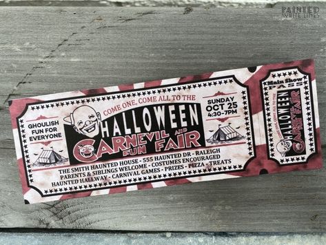 Haunted Circus Halloween, Scary Carnival Games, Halloween Campsite, Carnival Game Signs, Scary Carnival, Campsite Decorating, Haunted Circus, Carnival Signs, Carnival Birthday Invitations