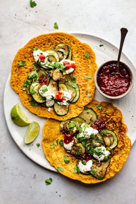 Red lentil pancakes - Lazy Cat Kitchen Red Lentil Pancakes, Lentil Pancakes, Lazy Cat Kitchen, Cat Kitchen, Sauteed Zucchini, Red Lentils, Lentil Recipes, Lazy Cat, Savory Breakfast