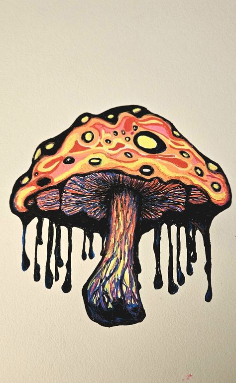 Black ink, Gelly Roll Moonlight gel pens, Arteza 110lb paper for mixed media Trippy Drawings Mushrooms, Dripping Mushroom Drawing, Melting Mushroom Drawing, Creepy Mushroom Art, Trippy Mushroom Drawing, Ink Mushroom, Illustrated Mushrooms, Halloween Mushrooms, Gel Pen Art