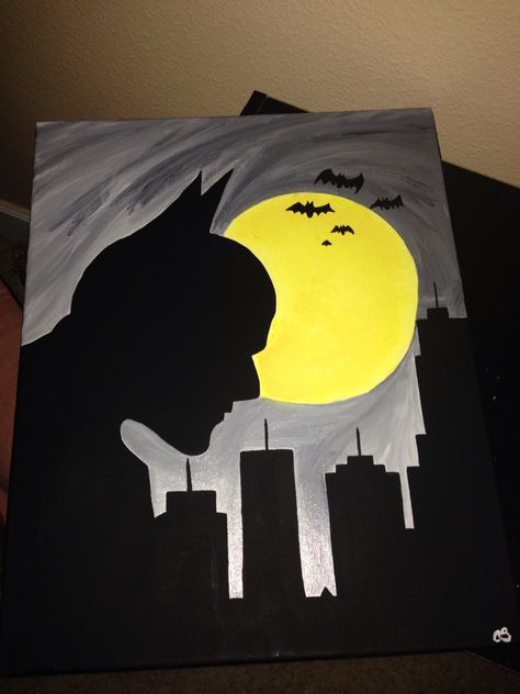 Had fun painting this!!:) #batman #canvas #diy #cs #crystalpaintings Batman Themed Bedroom, Batman Crafts, Bedding Master, Batman Wall Art, Batman Diy, Superhero Decorations, Room Wall Colors, Luxury Bedroom Decor, Grey Bedding