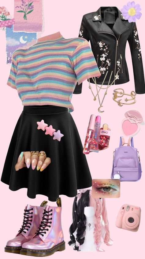 #outfitinspo #pastels #pastelaesthetic #outfits #outfitboard #outfitideas #outfitinspiration #outfitcheck #rainbow #rainydayaesthetic #rainbowpastel #pastelpink #pastelblue #pastelpurple #pastelgoth Pastel Goth Work Outfit, Pastel Goth Winter Outfits, Corporate Pastel Goth, Pastel Rainbow Aesthetic Outfit, Fall Pastel Outfits, Pastel Alternative Outfits, Pink Pastel Goth Outfit, Pastel Rainbow Clothes, Pastel Punk Aesthetics