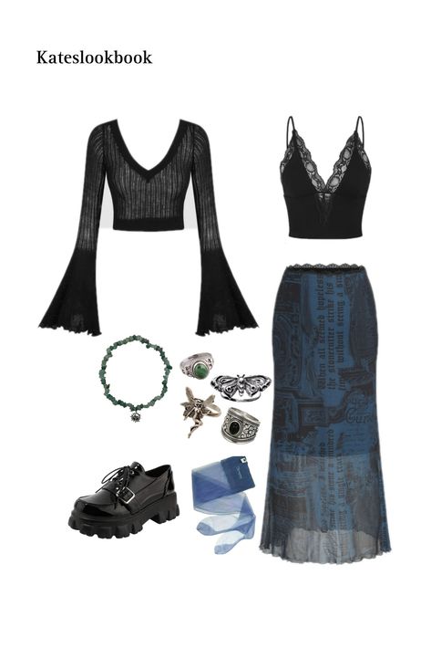 Gothic Whimsical Outfit, Black Whimsigothic, Gothic Core Outfit, Blue Witchy Outfit, Long Purple Skirt Outfit, Whimsi Gothic Outfits, The Love Witch Outfits, Whimsigothic Style, Whimsy Gothic Outfit