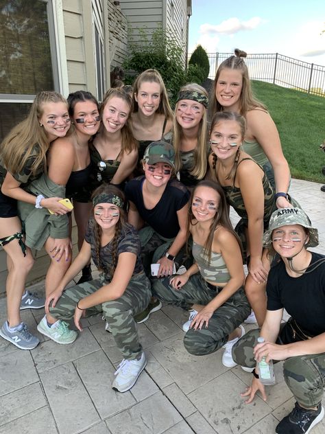 Army Group Costume, Camo Out Football Game Outfit, Camo Party Outfit, Camo Theme Outfit, Camo Spirit Day Outfit, American Themed Party Outfit, Camo Halloween Costume, Military Halloween Costumes, Country Fest Outfits