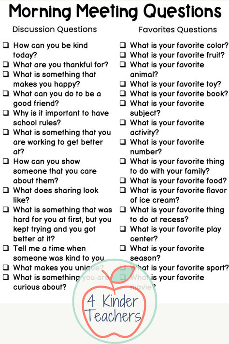 Morning meeting in kindergarten is such an important part of the day.  Use these free morning meeting question handouts to lead discussions with your students.  Morning meeting helps to build a positive community with your students.  Click to read about the morning meeting steps we use in kindergarten and get these free morning meeting handouts. Prek Question Of The Day, Morning Meeting Schedule, Question Of The Day 2nd Grade, Morning Meeting Prek, Morning Meeting Share Questions, Morning Meeting Sharing Ideas, Morning Message Ideas For Kindergarten, Morning Meeting Questions Kindergarten, Preschool Morning Message