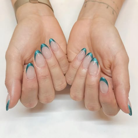 French mani, but make it ✨festive✨ with a pop of holiday color! @glossy.studios used #PutItInNeutral and #TealingFestive. 💅 #FrenchManicure #HolidayNails #NailInspo #NailTech #FrenchMani #FrenchTips Teal Chrome French Tip Nails, Blue And Green French Tip Nails, Teal Cat Eye Nails, Teal French Nails, Turquoise French Tip Nails, Md Nails, Sparkly French Tips, Hoco Nails, Aqua Nails