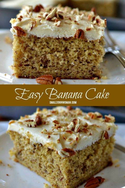 Banana Nut Cake Recipe, Easy Moist Banana Cake, Frosting Hacks, Easy Banana Cake Recipe, Best Banana Cake Recipe, Banana Sheet Cakes, Easy Banana Cake, Banana Nut Cake, Banana Cake Mix