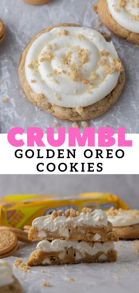 These Crumbl golden Oreo cookies are soft and thick cookies topped with a silky smooth cream cheese frosting. White Oreo Cookies, Crumbl Cookie Copycat Cookies And Cream, Golden Oreo Cupcakes, Golden Oreos Recipes, Homemade Golden Oreos, Vanilla Oreo Cookies, Golden Oreo Crumbl Cookie, Vanilla Oreo Cookie Recipes, Crumbl Golden Oreo Cookies