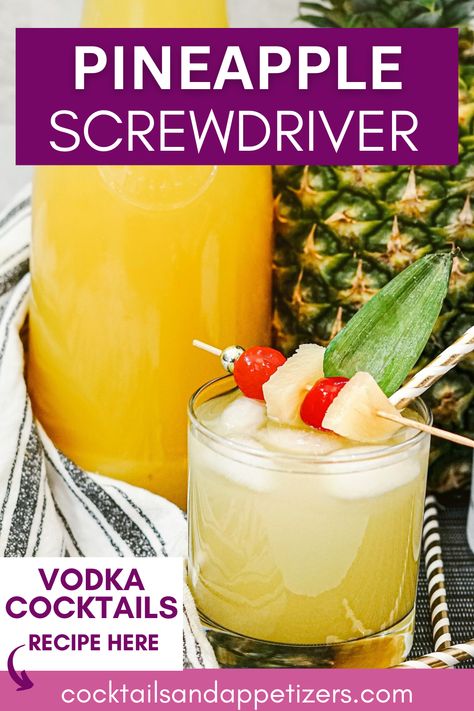 Looking for the ultimate in fruity drinks with alcohol? This Pineapple Screwdriver is a tropical take on the classic cocktail. Simply combine your favorite vodka with pineapple juice for a yummy adult beverage. These make ideal summer cocktails and go perfectly with a special breakfast or brunch! Pineapple And Vodka Drinks, Fruity Drinks With Alcohol, Pineapple Screwdriver, Screwdriver Drink Recipe, Drinks With Alcohol, Screwdriver Drink, Acholic Drinks, Screwdriver Cocktail, Drinks With Pineapple Juice