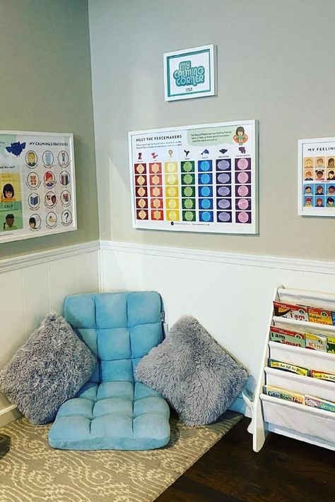 At-Home Calming-Corner Ideas Calm Down Spot, Calm Corner At Home, Calming Corner Ideas, Calming Corner At Home, Regulation Station, School Counselor Room, Calming Room Ideas, Slp Office, Peace Corner