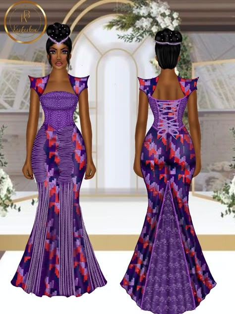 Kente Ankara Styles, Purple Kente Dress, Engagement Kente Dress For Bride, Kente Wedding Styles, Traditional Ghanaian Wedding Dresses, Purple Kente Styles For Engagement, Kente Engagement Styles Ghana, Wedding Kente Styles, African Attire Dresses Traditional Weddings