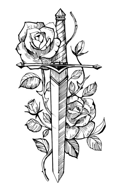 Sword with roses. tattoo sketch. hand dr... | Premium Vector #Freepik #vector #flower #vintage #rose #tattoo Rose And Dagger Tattoo, Dagger Drawing, Rose And Dagger, Tattoo Wrist, Flame Tattoos, Retro Tattoos, Roses Tattoo, Feminine Tattoo, Dagger Tattoo