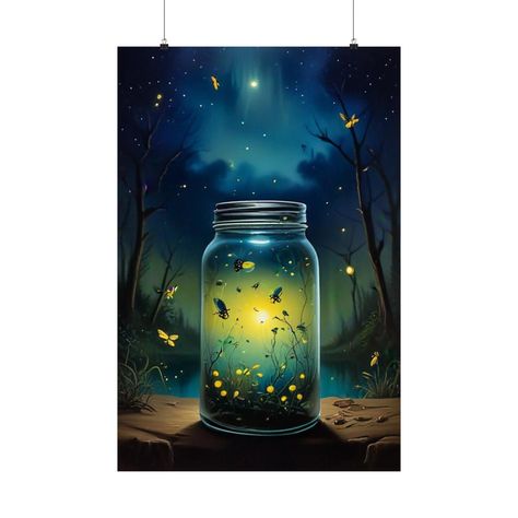 Fireflies Art, Firefly Jar, Art Ethereal, Fireflies In A Jar, Forest Backdrop, Firefly Art, Tree Of Life Painting, Enchanting Forest, Forest Backdrops