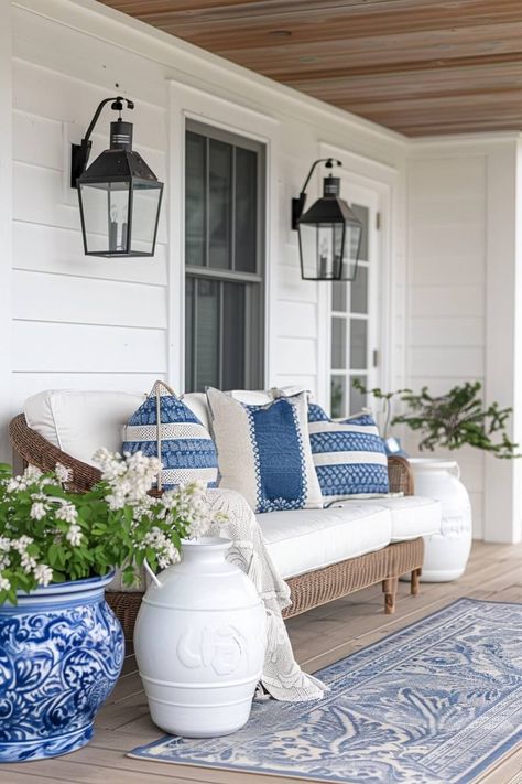 woven sofa on front porch with white cushions and white and blue throw pillows Beach House Porch Decor, Beach Cottage Porch, Mediterranean Porch Ideas, Lake House Front Porch Ideas, Blue And White Outdoor Decor, Blue And White Outdoor Patio, Front Porch Landscape Ideas, Front Porch White House, Covered Porch Furniture