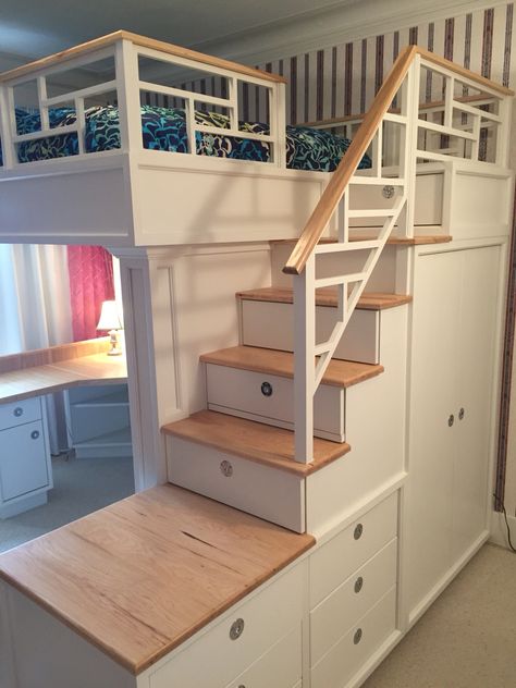 Loft bed with stairs, drawers, closet, shelves and desk Loft Bed With Stairs, Adult Loft Bed, Bed Closet, Build A Loft Bed, Bed With Stairs, A Loft Bed, Bunk Bed With Desk, Loft Bunk Beds, Hiasan Bilik Tidur