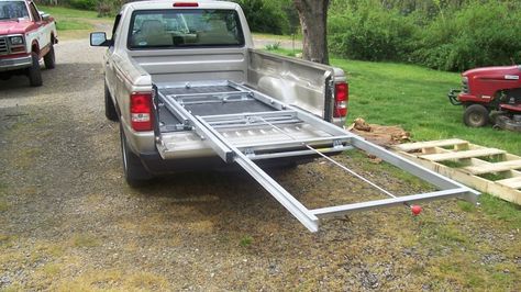 Pickup Cargo Slide Truck Bed Slide Out Diy, Pickup Truck Bed Ideas, Diy Truck Bed Slide, Truck Bed Drawers, Truck Bed Slide, Diy Truck Bedding, Kangoo Camper, Bed Slide, Kombi Motorhome