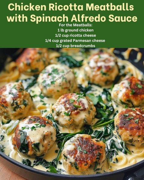 Chicken Ricotta Meatballs, Spinach Alfredo Sauce, Meatballs With Spinach, Chicken Ricotta, Ground Chicken Meatballs, Ricotta Meatballs, Food Specials, Spinach Alfredo, Cheese Stuffed Meatballs