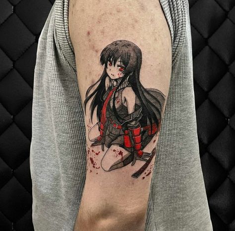 Akame tattoo/ akame ga kill/ anime tattoo Anime Tattoo Ideas For Women, Anime Sleeve Tattoos For Women, Akame Tattoo, Windbreaker Tattoo, Akame Ga Kill Tattoo, Dark Anime Tattoo, Anime Tattoo Ideas Manga, Kill Tattoo, Womans Tattoo