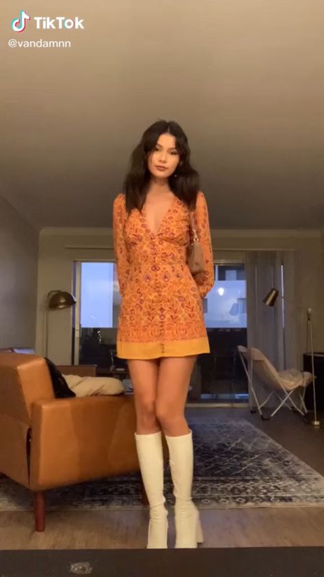 Concert Outfit 70s, Hot 70s Outfits, 70s Dresses Party, 70s Dress Aesthetic, 70s Hoco Dress, 60s Concert Outfit, 70s Homecoming Dress, Go Go Boots Outfit 70s, 70s Dress Outfit