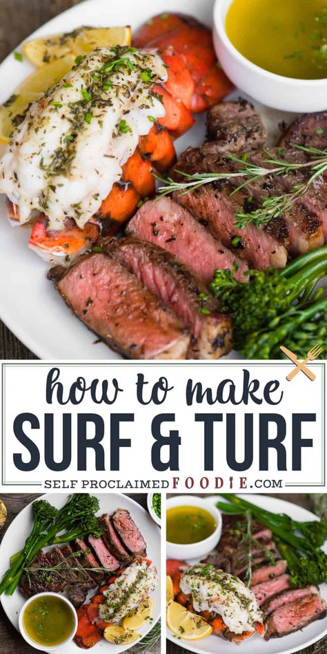 Steak Surf And Turf, Steak And Lobster Tail Dinner, Steak And Lobster Dinner Recipe, Birthday Dinner Recipes At Home, Seafood And Steak Dinner Ideas, Best Surf And Turf Recipes, New Years Steak Dinner Ideas, At Home Birthday Dinner For Him, Lobster Tail And Steak Dinners