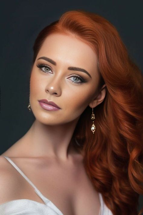 Redhead Glam Makeup, Wedding Makeup For Red Hair, Redhead Makeup Looks, Retro Wedding Makeup, Red Hair Brides, Wedding Makeup Redhead, Bridal Makeup For Blue Eyes, Wedding Makeup For Blue Eyes, Wedding Makeup Blue