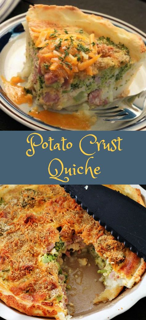 Potato crust quiche is a fast and easy dish to put together. It is perfect if you have any left over ham and potatoes. It tastes amazing.  This potato crust quiche recipe is perfect for that leftover ham! The crust is made out of potatoes so it works up really nice. The quiche is made with cheese, broccoli, ham, eggs, evaporated milk, salt, pepper, and bread crumbs. Place it in the oven and 50 minutes later you have on amazing dish. We like to eat it with some bread; it makes a very nice meal. Quiche With Potato Crust, Potato Crust Quiche, Ham And Potatoes, Quiche Recipes Crustless, Sweet Potato Crust, Leftover Baked Potatoes, Cheese Broccoli, Veggie Quiche, Potato Crust