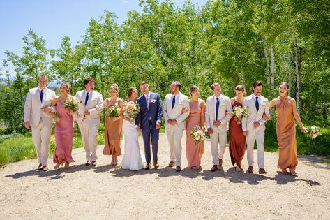 Groomsmen With Mismatched Bridesmaids, Groomsmen Multicolor, Mismatched Bridesmaids And Groomsmen, Groomsmen Different Colors, Bridesmaids With Groomsmen, Mismatched Groomsmen, Colorado Summer Wedding, Cassie Wedding, Spring Wedding Color Palette