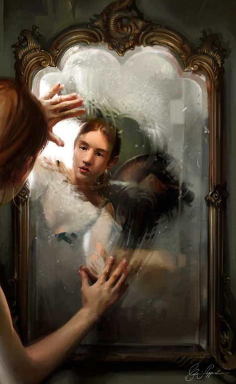 In The Mirror - Illustrations by Cynthia Sheppard  <3 <3 Mirror Drawings, Mirror Illustration, Reflection Art, Mirror Painting, A Level Art, Ap Art, Mirror Art, Look In The Mirror, Mirror Image