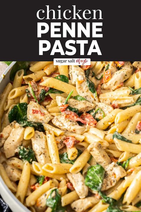 This creamy chicken penne pasta is a quick pasta dinner that’s easy, rich and so delicious. Loaded with tender chicken, sun dried tomatoes and spinach, it’s ready in under 30 minutes.