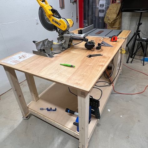 Mobile Miter / Table Saw Workbench Plans Instant PDF Download Imperial Units - Etsy Australia Table Saw Workbench Plans, Ikea Worktop, Workbench Storage, Clever Storage Ideas, Workbench Plan, Custom Woodworking Projects, Table Saw Station, Table Saw Workbench, Miter Saw Table