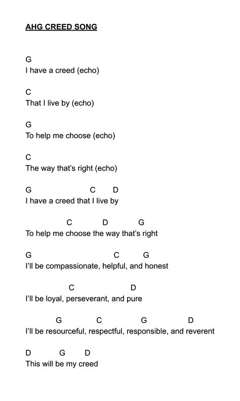 Easy chords for the Creed song for American Heritage Girls - credit to my Pioneer who wrote these. :) @AHGleader Ahg Creed Activities, Ahg Creed, Ahg Woven, Ahg Joining Award, American Heritage Girls Tenderheart, Ahg Pathfinders, American Heritage Girls Ahg, Ahg Badge, 1000 Hours Outside