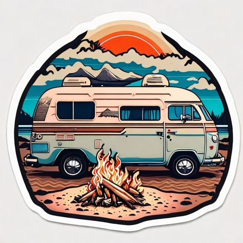 Beetle Drawing, Camping Stickers, Retro Rv, Desert Scenery, Volkswagen Van, Cute Laptop Stickers, Compass Design, Print Design Art, Sticker Bomb